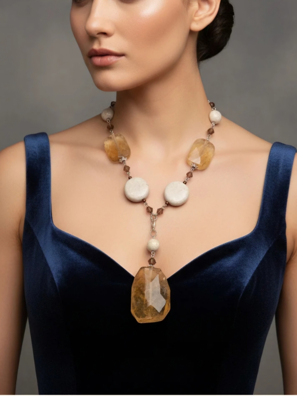 Premier Designs Golden Citrine and White Bead Y-Necklace